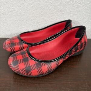 Crocs Ballet Flats Sz 8 Red Black Buffalo Check Lily Shoes Slip On Plaid Comfort
